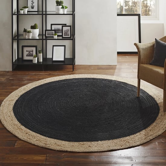 Melina Large Round Soft Jute Rug With Charcoal Centre